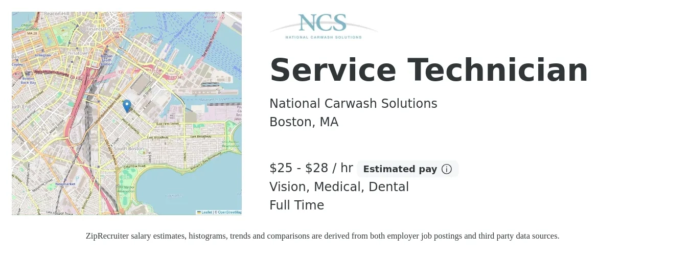 National Carwash Solutions, Inc. job posting for a Service Technician in Boston, MA with a salary of $22 to $30 Hourly with a map of Boston location.