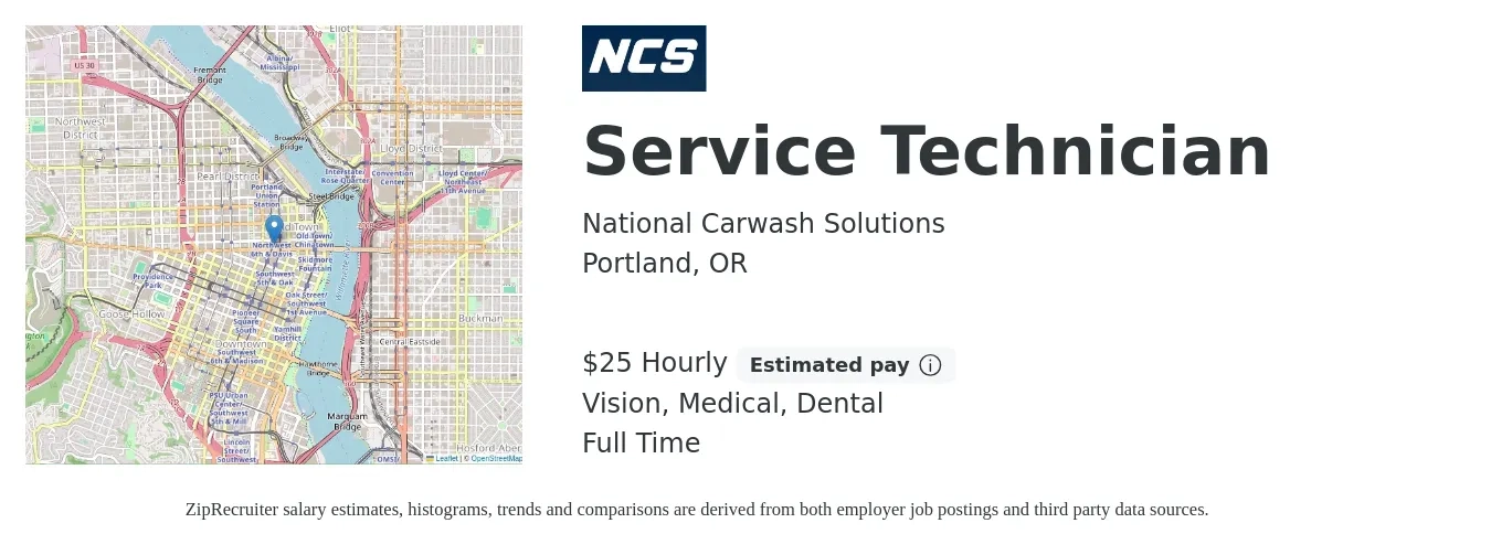 National Carwash Solutions job posting for a Service Technician in Portland, OR with a salary of $26 to $27 Hourly and benefits including vision, dental, life_insurance, medical, and pto with a map of Portland location.