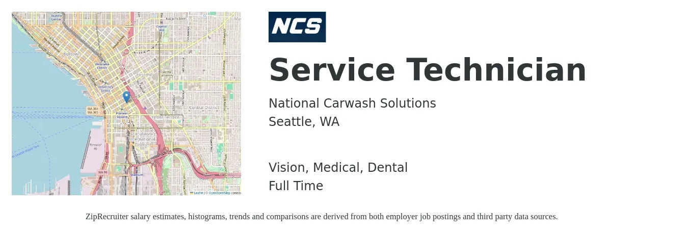 National Carwash Solutions job posting for a Service Technician in Seattle, WA with a salary of $23 to $32 Hourly and benefits including life_insurance, medical, pto, vision, and dental with a map of Seattle location.