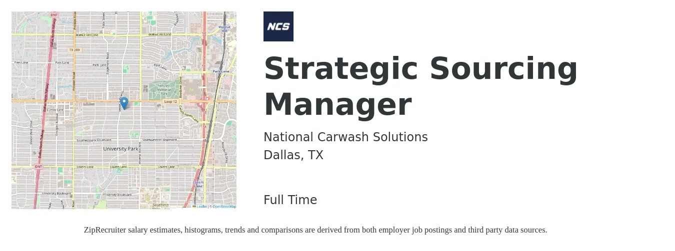National Carwash Solutions, Inc. job posting for a Strategic Sourcing Manager in Dallas, TX with a salary of $127,600 to $165,200 Yearly with a map of Dallas location.