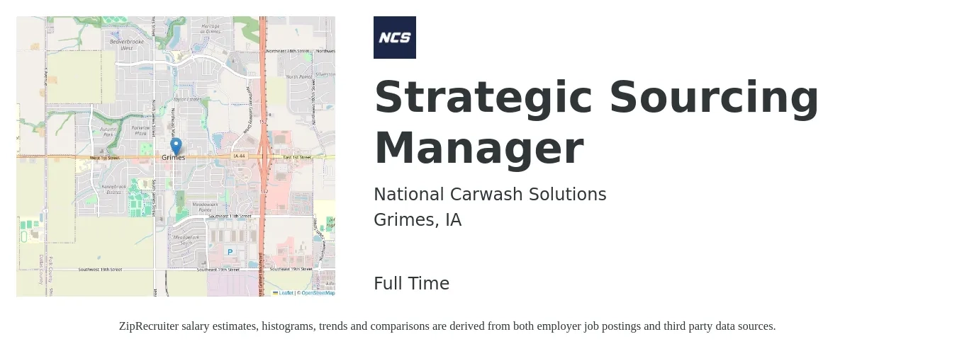 National Carwash Solutions, Inc. job posting for a Strategic Sourcing Manager in Grimes, IA with a salary of $127,100 to $164,600 Yearly with a map of Grimes location.