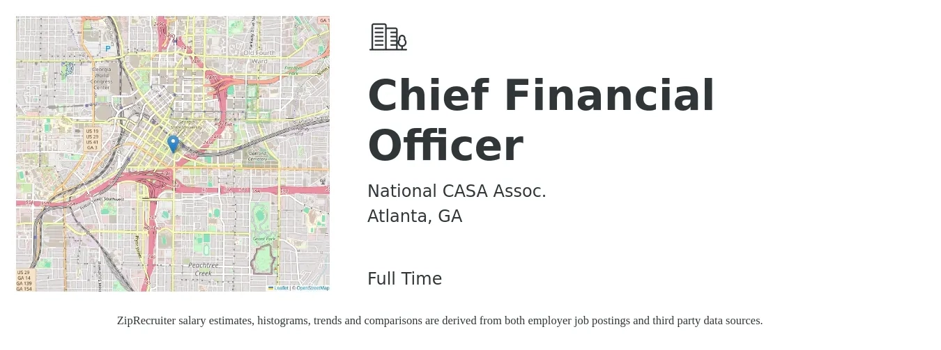 National CASA Assoc. job posting for a Chief Financial Officer in Atlanta, GA with a salary of $135,600 to $384,600 Yearly with a map of Atlanta location.