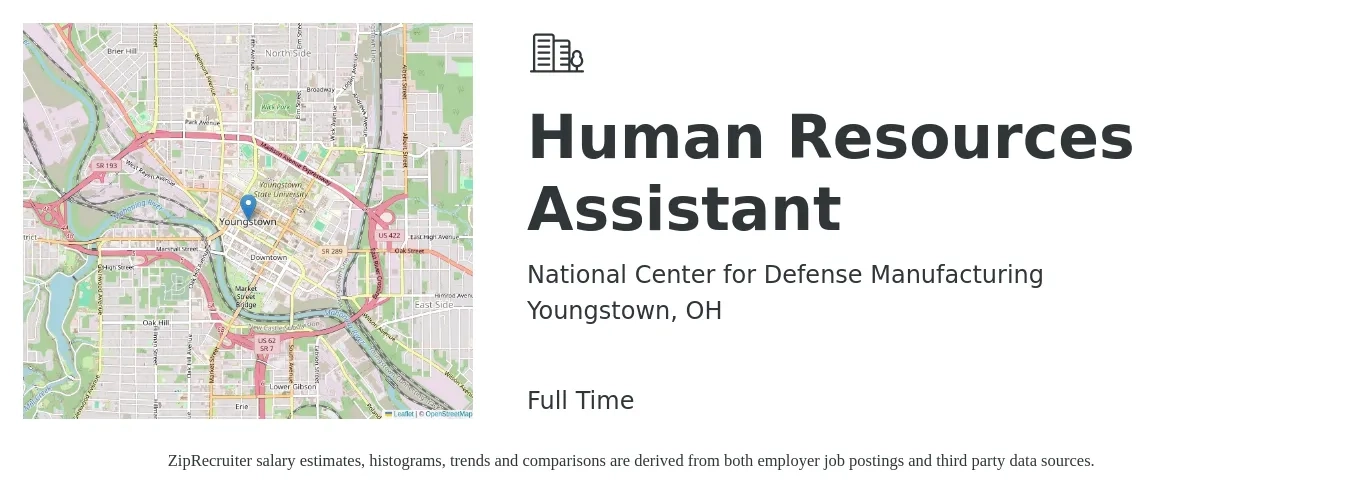 National Center for Defense Manufacturing job posting for a Human Resources Assistant in Youngstown, OH with a salary of $20 to $23 Hourly with a map of Youngstown location.