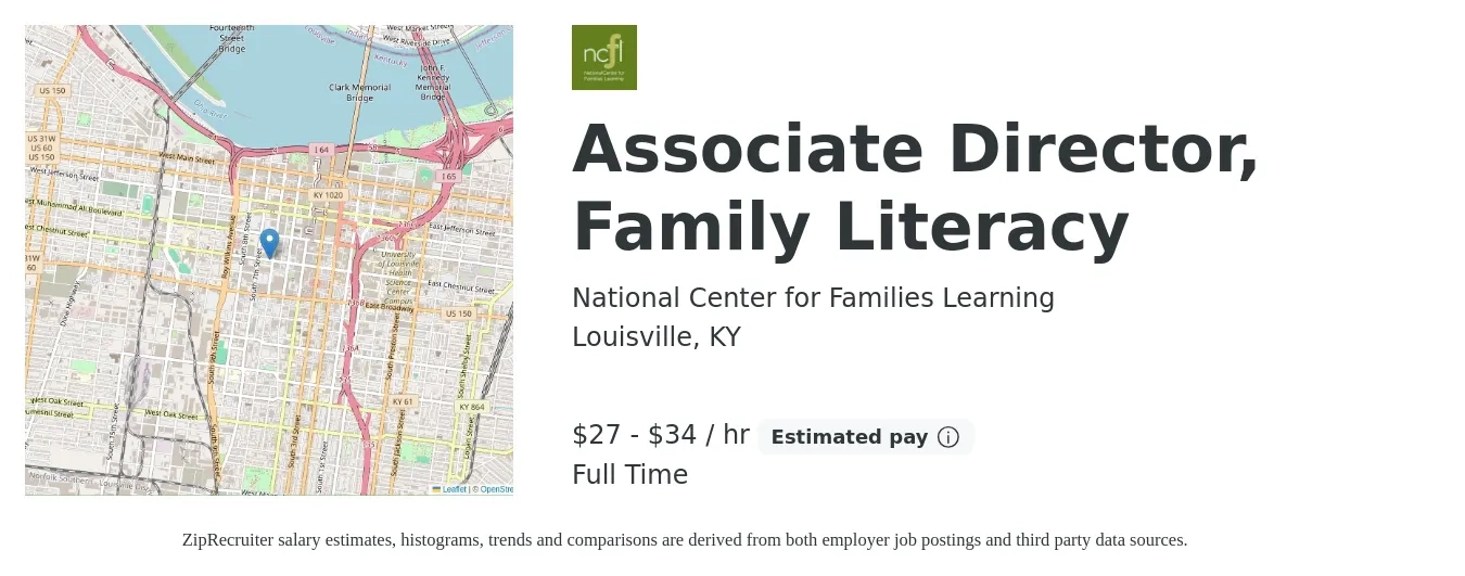 National Center for Families Learning job posting for a Associate Director, Family Literacy in Louisville, KY with a salary of $60,000 to $75,000 Yearly with a map of Louisville location.