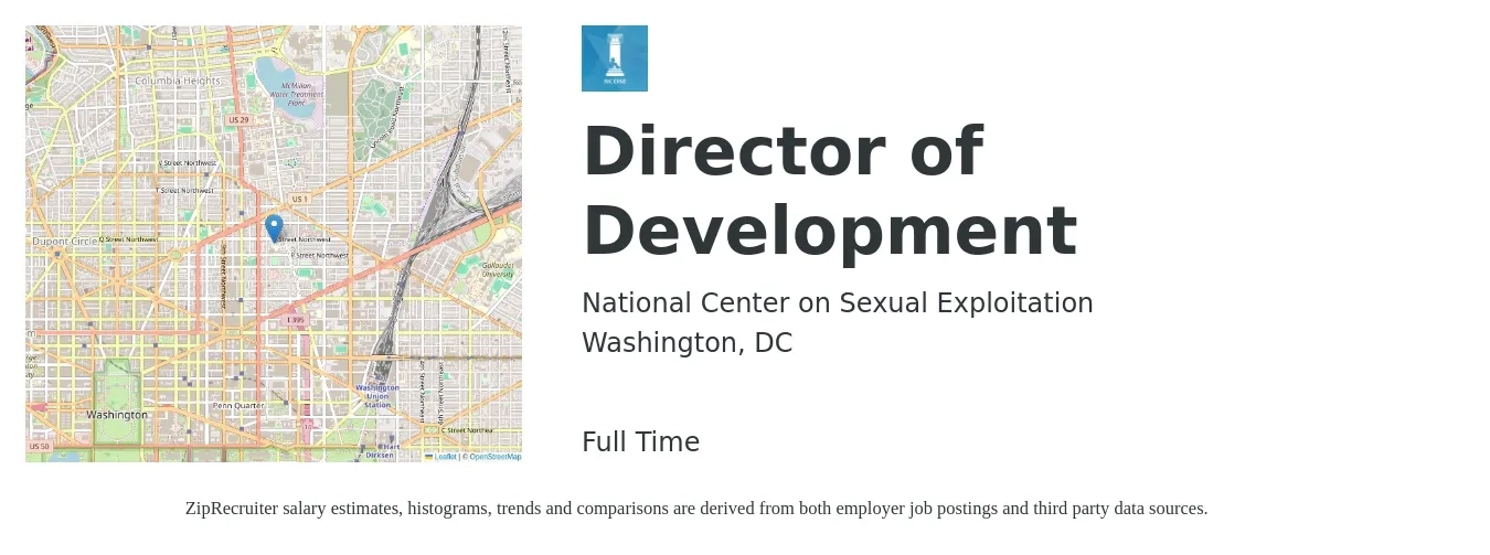 National Center on Sexual Exploitation job posting for a Director of Development in Washington, DC with a salary of $85,000 to $100,000 Yearly with a map of Washington location.