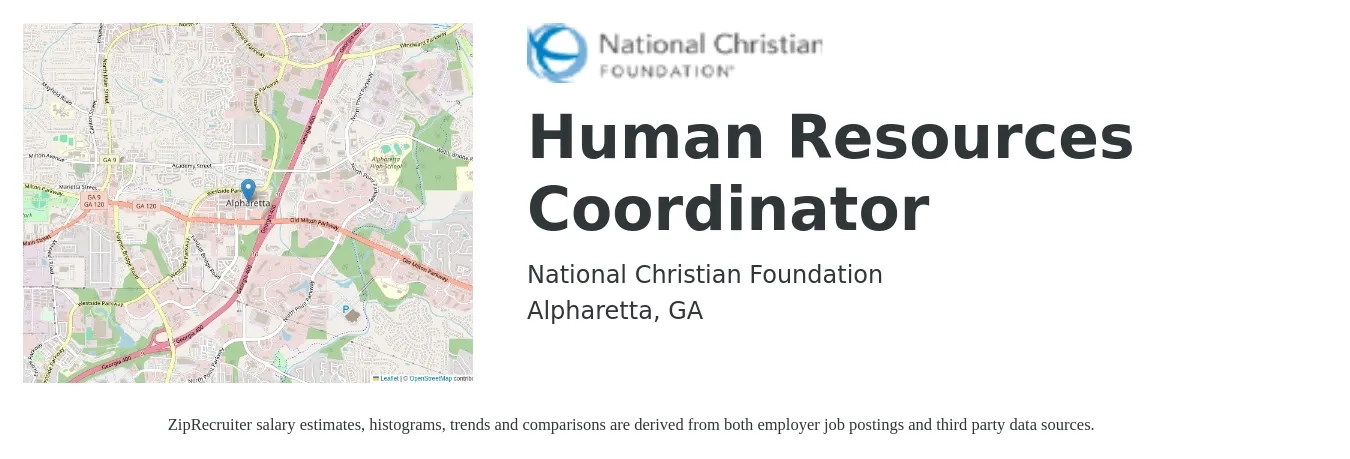 National Christian Foundation job posting for a Human Resources Coordinator in Alpharetta, GA with a salary of $20 to $27 Hourly with a map of Alpharetta location.
