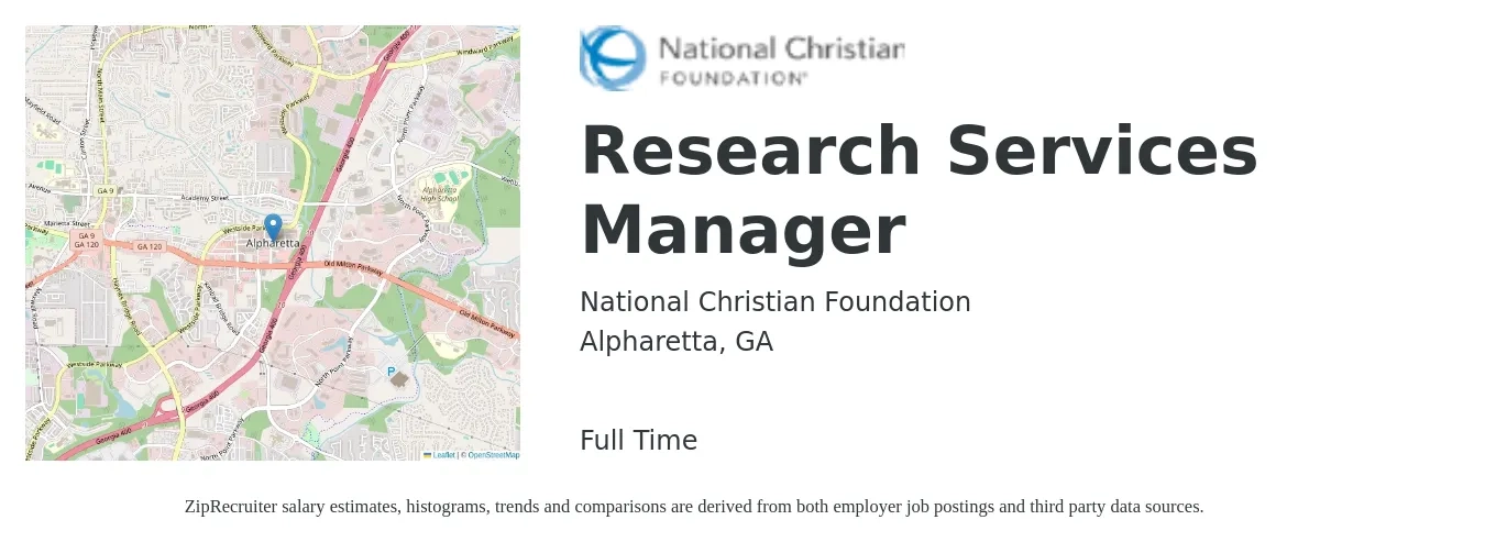 National Christian Foundation job posting for a Research Services Manager in Alpharetta, GA with a salary of $75,700 to $113,700 Yearly with a map of Alpharetta location.