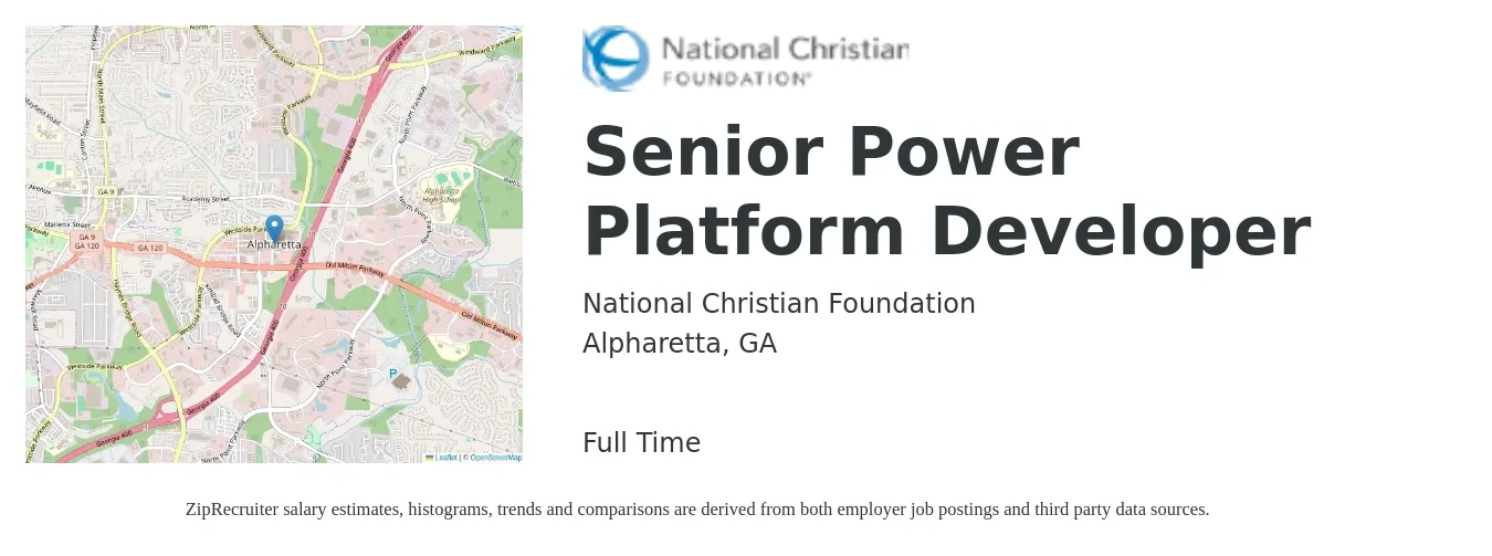 National Christian Foundation job posting for a Senior Power Platform Developer in Alpharetta, GA with a salary of $53 to $70 Hourly with a map of Alpharetta location.