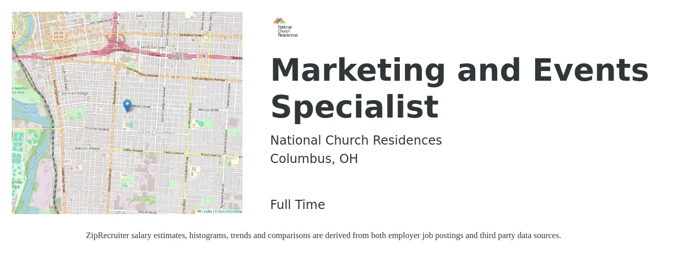 National Church Residences job posting for a Marketing and Events Specialist in Columbus, OH with a salary of $45,900 to $67,600 Yearly with a map of Columbus location.