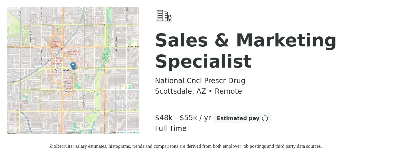 National Cncl Prescr Drug job posting for a Sales & Marketing Specialist in Scottsdale, AZ with a salary of $48,000 to $55,000 Yearly with a map of Scottsdale location.