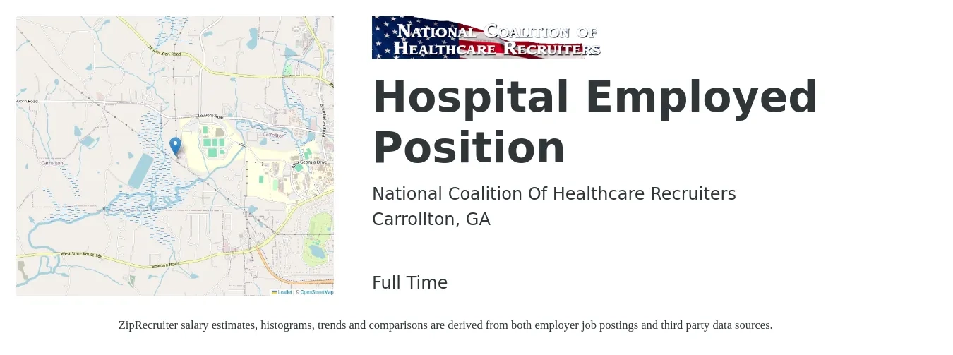 National Coalition Of Healthcare Recruiters job posting for a Hospital Employed Position in Carrollton, GA with a salary of $264,700 to $330,300 Yearly with a map of Carrollton location.