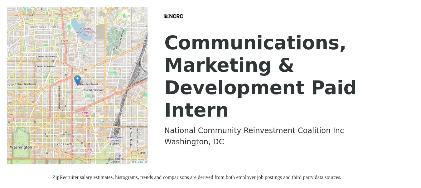 National Community Reinvestment Coalition Inc job posting for a Communications, Marketing & Development Paid Intern in Washington, DC with a salary of $18 to $24 Hourly with a map of Washington location.