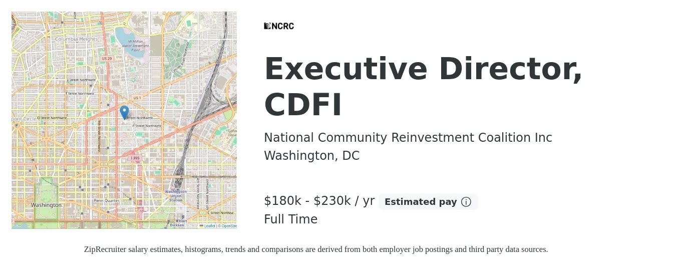 National Community Reinvestment Coalition Inc job posting for a Executive Director, CDFI in Washington, DC with a salary of $180,000 to $230,000 Yearly with a map of Washington location.