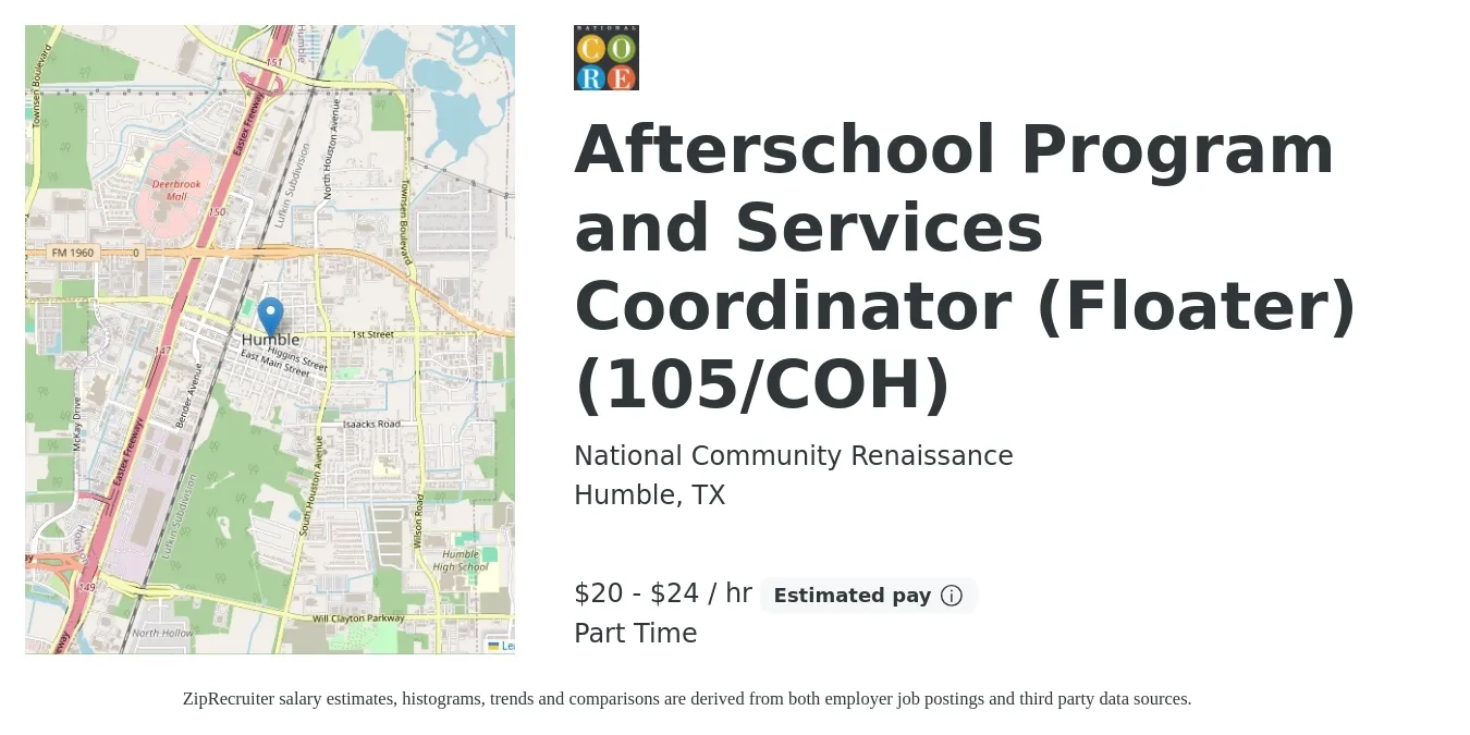National Community Renaissance job posting for a Afterschool Program and Services Coordinator (Floater) (105/COH) in Humble, TX with a salary of $21 to $25 Hourly with a map of Humble location.