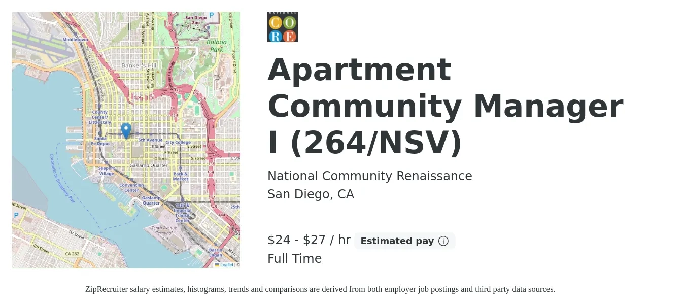 National Community Renaissance job posting for a Apartment Community Manager I (264/NSV) in San Diego, CA with a salary of $25 to $29 Hourly with a map of San Diego location.