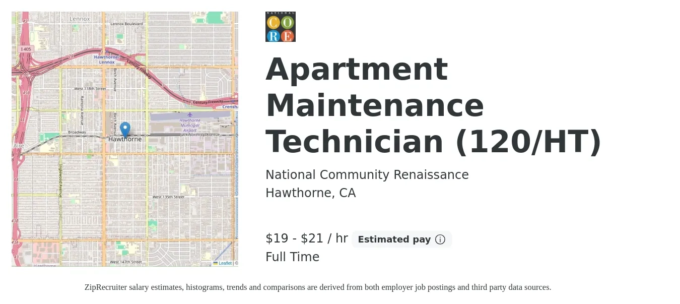 National Community Renaissance job posting for a Apartment Maintenance Technician (120/HT) in Hawthorne, CA with a salary of $20 to $22 Hourly with a map of Hawthorne location.