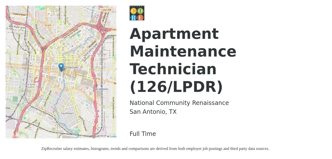 National Community Renaissance job posting for a Apartment Maintenance Technician (126/LPDR) in San Antonio, TX with a salary of $20 to $24 Hourly with a map of San Antonio location.