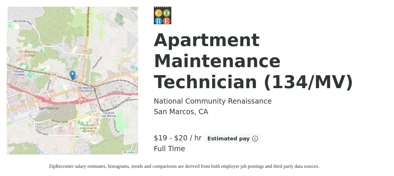 National Community Renaissance job posting for a Apartment Maintenance Technician (134/MV) in San Marcos, CA with a salary of $20 to $22 Hourly with a map of San Marcos location.