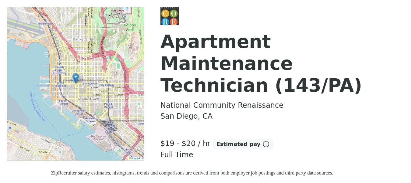 National Community Renaissance job posting for a Apartment Maintenance Technician (143/PA) in San Diego, CA with a salary of $20 to $22 Hourly with a map of San Diego location.
