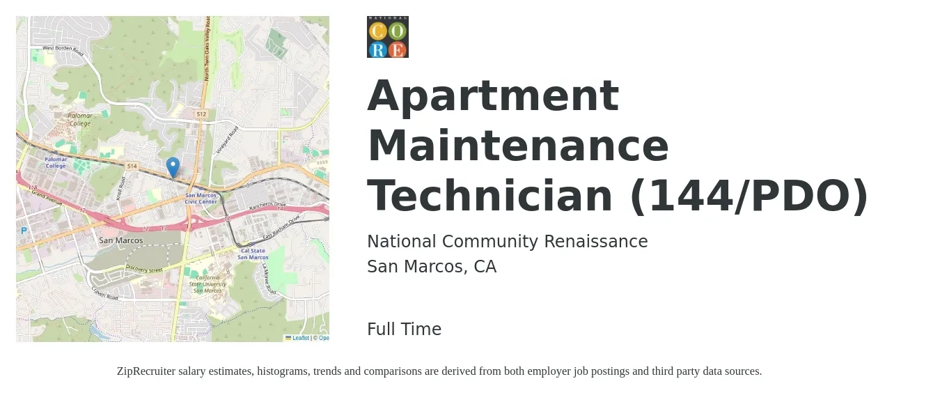 National Community Renaissance job posting for a Apartment Maintenance Technician (144/PDO) in San Marcos, CA with a salary of $19 to $23 Hourly with a map of San Marcos location.