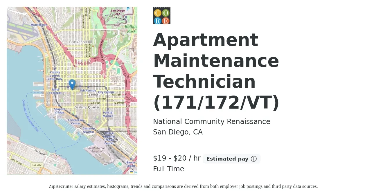 National Community Renaissance job posting for a Apartment Maintenance Technician (171/172/VT) in San Diego, CA with a salary of $20 to $21 Hourly with a map of San Diego location.