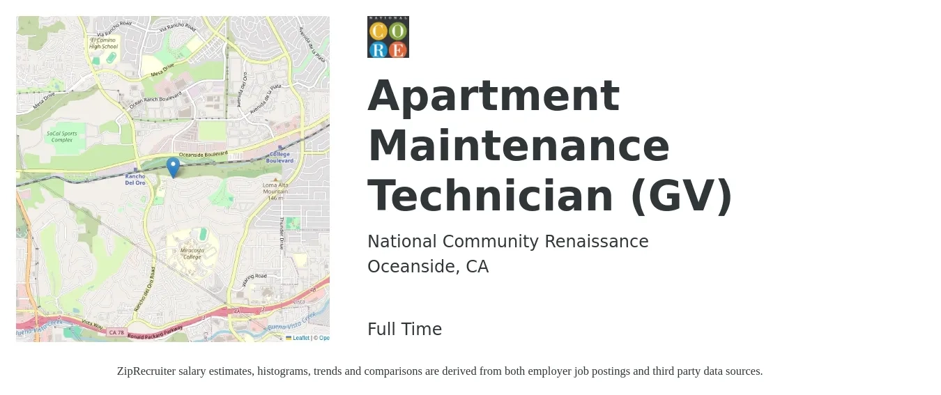 National Community Renaissance job posting for a Apartment Maintenance Technician (GV) in Oceanside, CA with a salary of $19 to $23 Hourly with a map of Oceanside location.