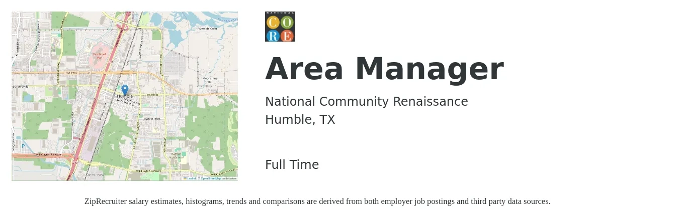 National Community Renaissance job posting for a Area Manager in Humble, TX with a salary of $80,000 to $85,000 Yearly with a map of Humble location.