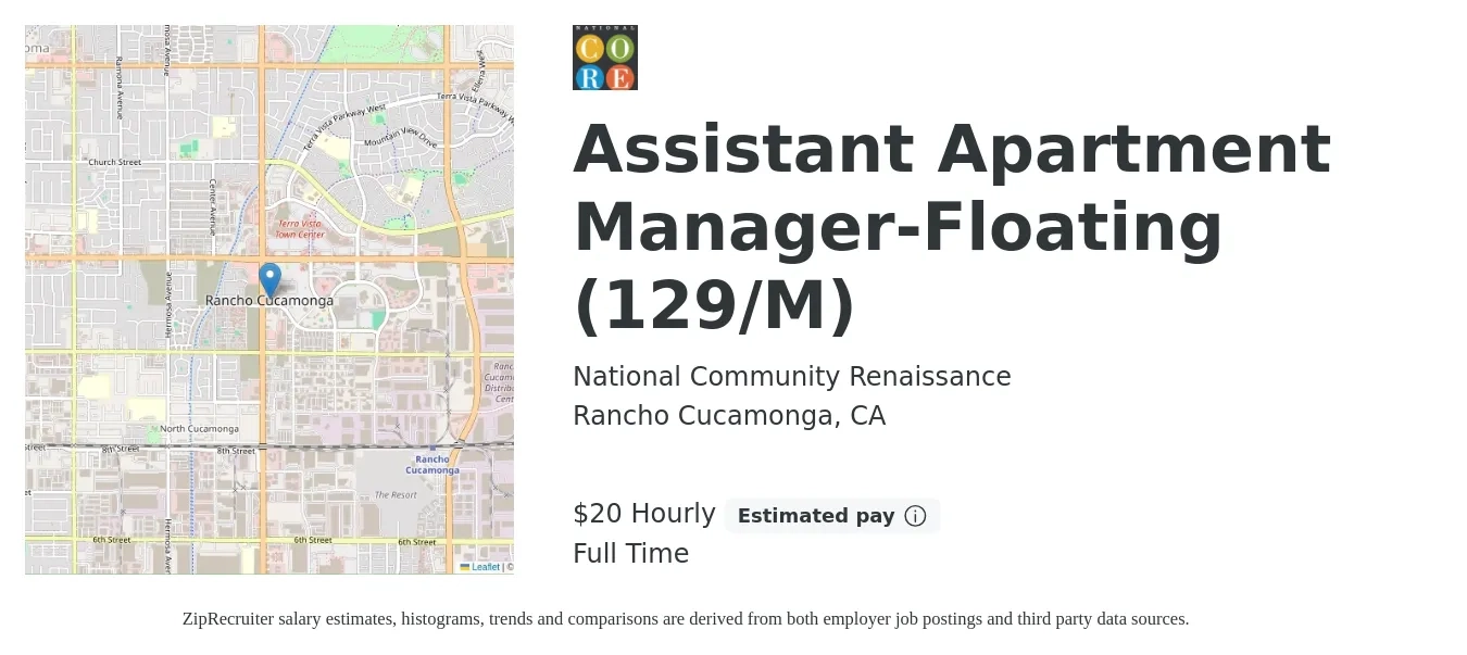 National Community Renaissance job posting for a Assistant Apartment Manager-Floating (129/M) in Rancho Cucamonga, CA with a salary of $21 to $22 Hourly with a map of Rancho Cucamonga location.