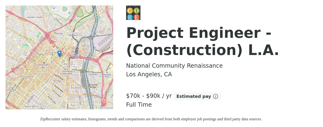 National Community Renaissance job posting for a Project Engineer - (Construction) L.A. in Los Angeles, CA with a salary of $70,000 to $90,000 Yearly with a map of Los Angeles location.