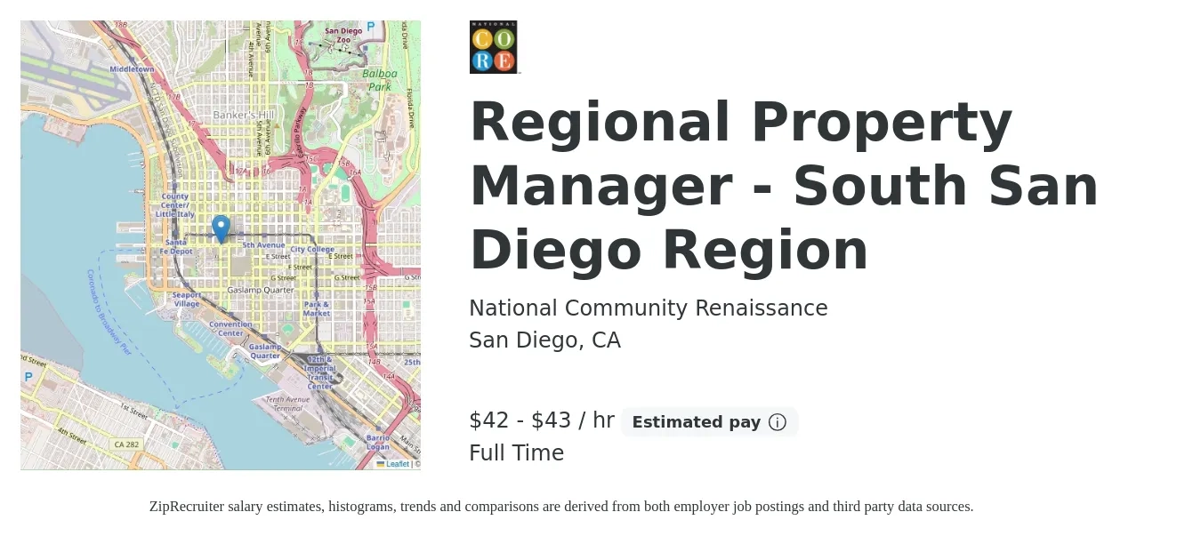 National Community Renaissance job posting for a Regional Property Manager - South San Diego Region in San Diego, CA with a salary of $92,000 to $95,000 Yearly with a map of San Diego location.
