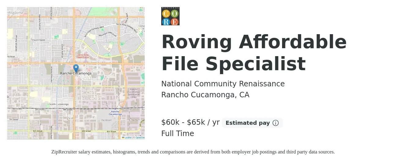 National Community Renaissance job posting for a Roving Affordable File Specialist in Rancho Cucamonga, CA with a salary of $60,000 to $65,000 Yearly with a map of Rancho Cucamonga location.