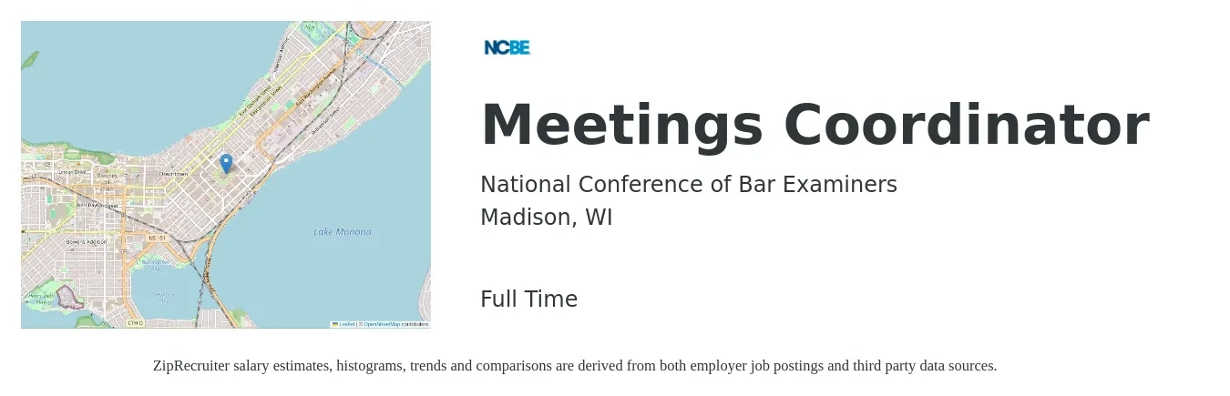 National Conference of Bar Examiners job posting for a Meetings Coordinator in Madison, WI with a salary of $21 to $27 Hourly with a map of Madison location.