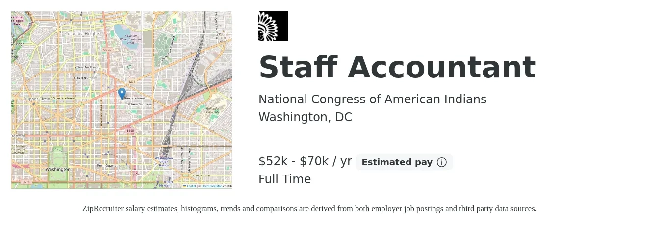 National Congress of American Indians job posting for a Staff Accountant in Washington, DC with a salary of $52,000 to $70,000 Yearly with a map of Washington location.