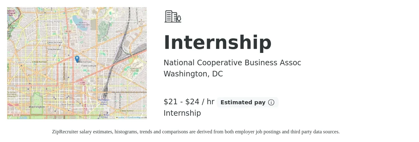 National Cooperative Business Assoc job posting for a Internship in Washington, DC with a salary of $18 Hourly with a map of Washington location.