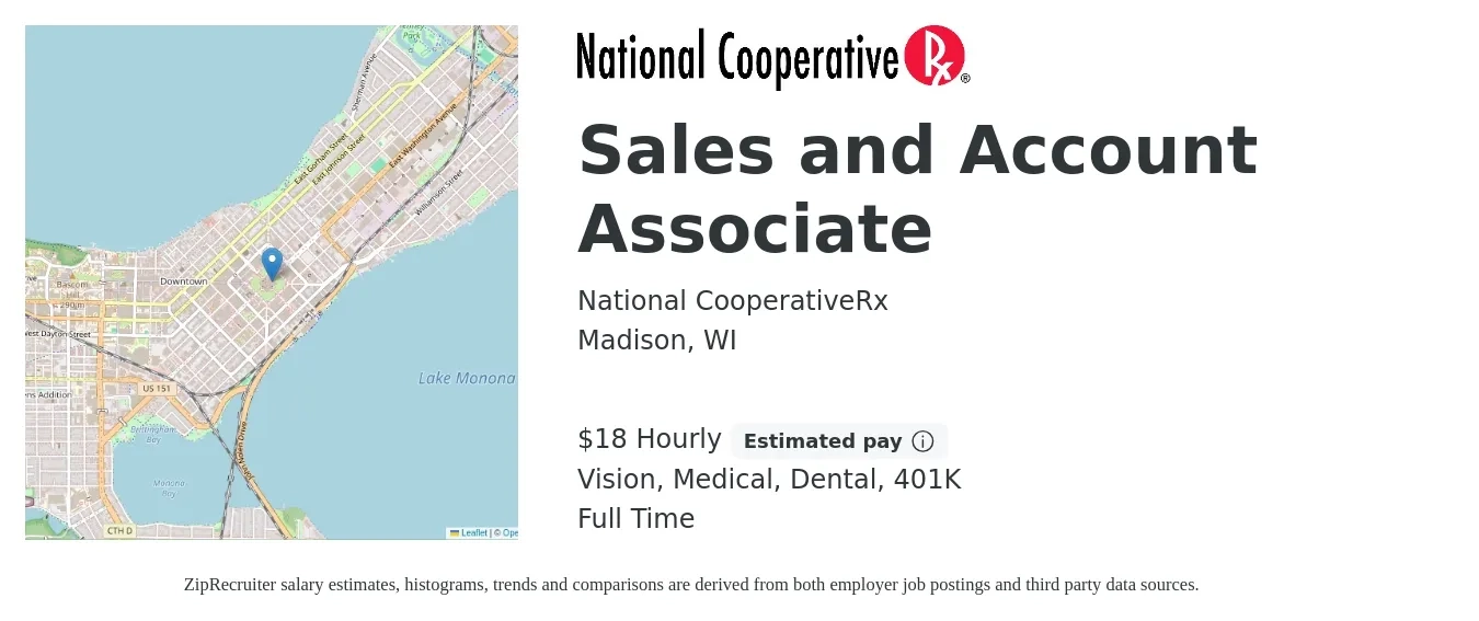 National CooperativeRx job posting for a Sales and Account Associate in Madison, WI with a salary of $19 Hourly and benefits including medical, vision, 401k, dental, and life_insurance with a map of Madison location.
