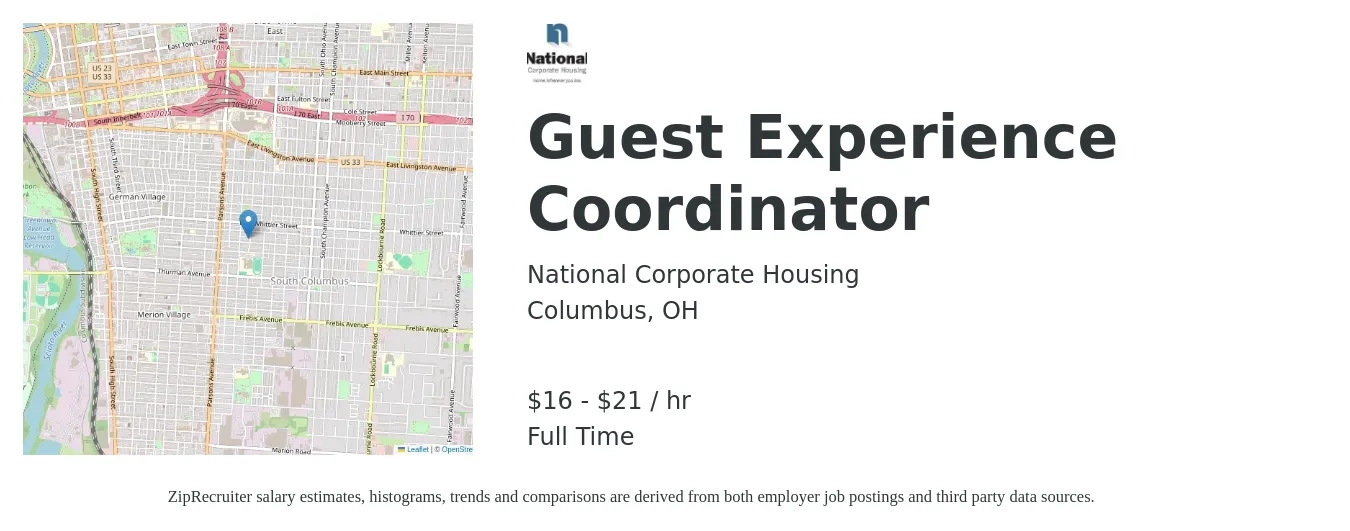 National Corporate Housing job posting for a Guest Experience Coordinator in Columbus, OH with a salary of $17 to $22 Hourly with a map of Columbus location.