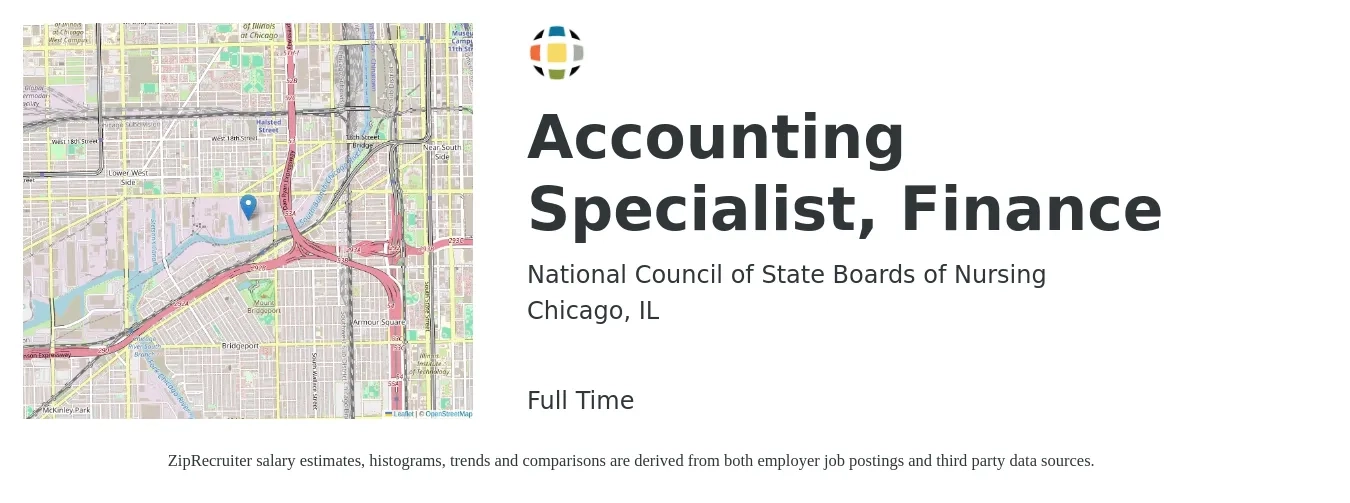 National Council of State Boards of Nursing job posting for a Accounting Specialist, Finance in Chicago, IL with a salary of $22 to $30 Hourly with a map of Chicago location.