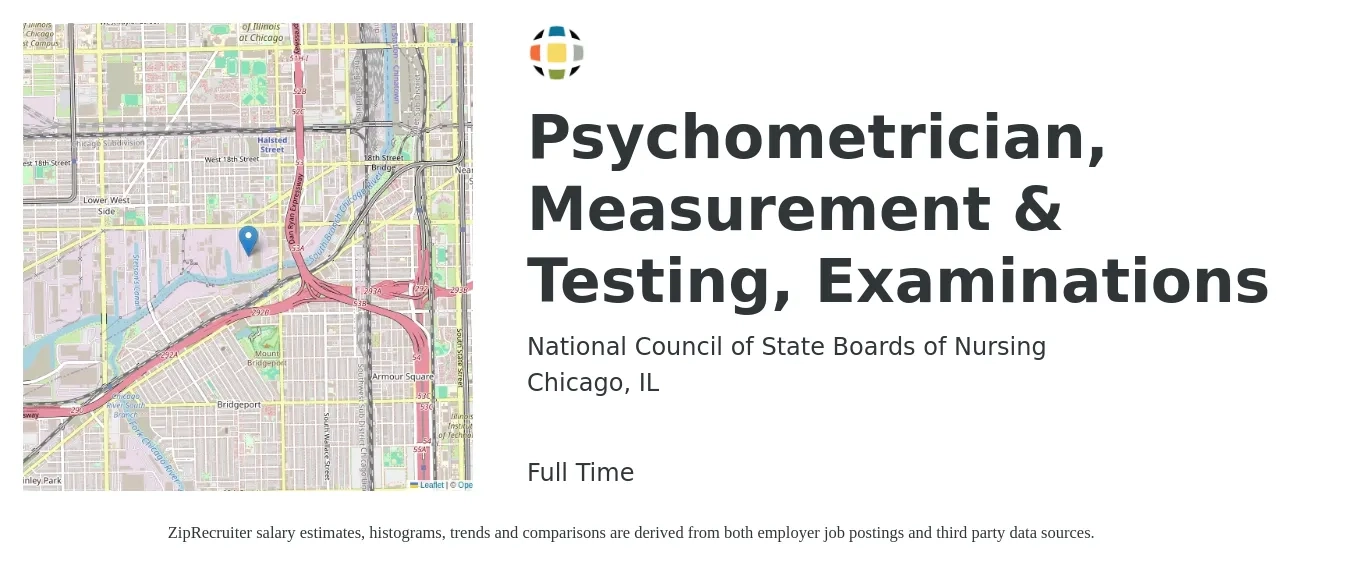 National Council of State Boards of Nursing job posting for a Psychometrician, Measurement & Testing, Examinations in Chicago, IL with a salary of $23 to $36 Hourly with a map of Chicago location.