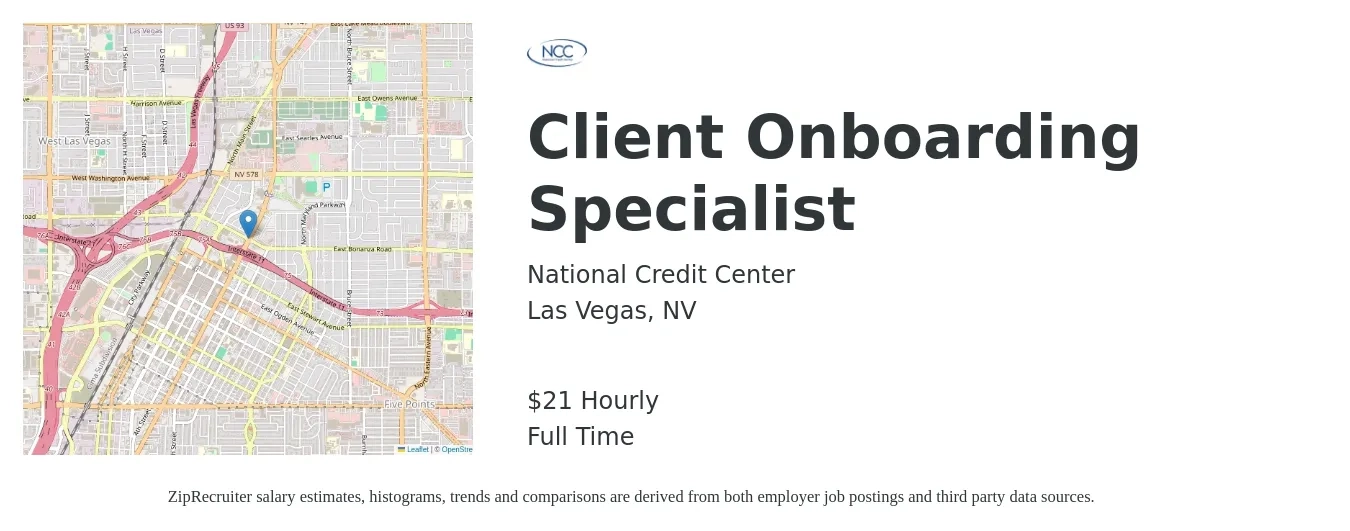National Credit Center job posting for a Client Onboarding Specialist in Las Vegas, NV with a salary of $22 Hourly with a map of Las Vegas location.