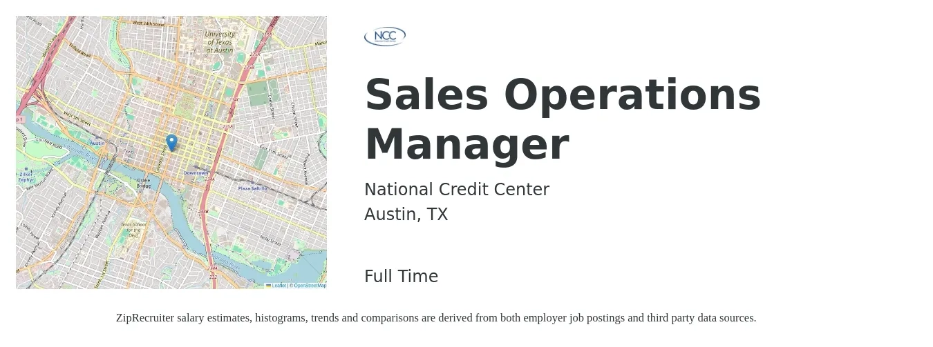 National Credit Center job posting for a Sales Operations Manager in Austin, TX with a salary of $77,800 to $110,000 Yearly with a map of Austin location.