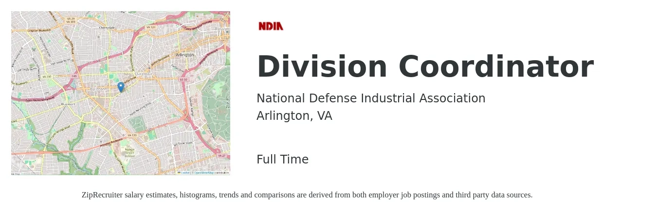 National Defense Industrial Association job posting for a Division Coordinator in Arlington, VA with a salary of $50,000 to $52,000 Yearly with a map of Arlington location.