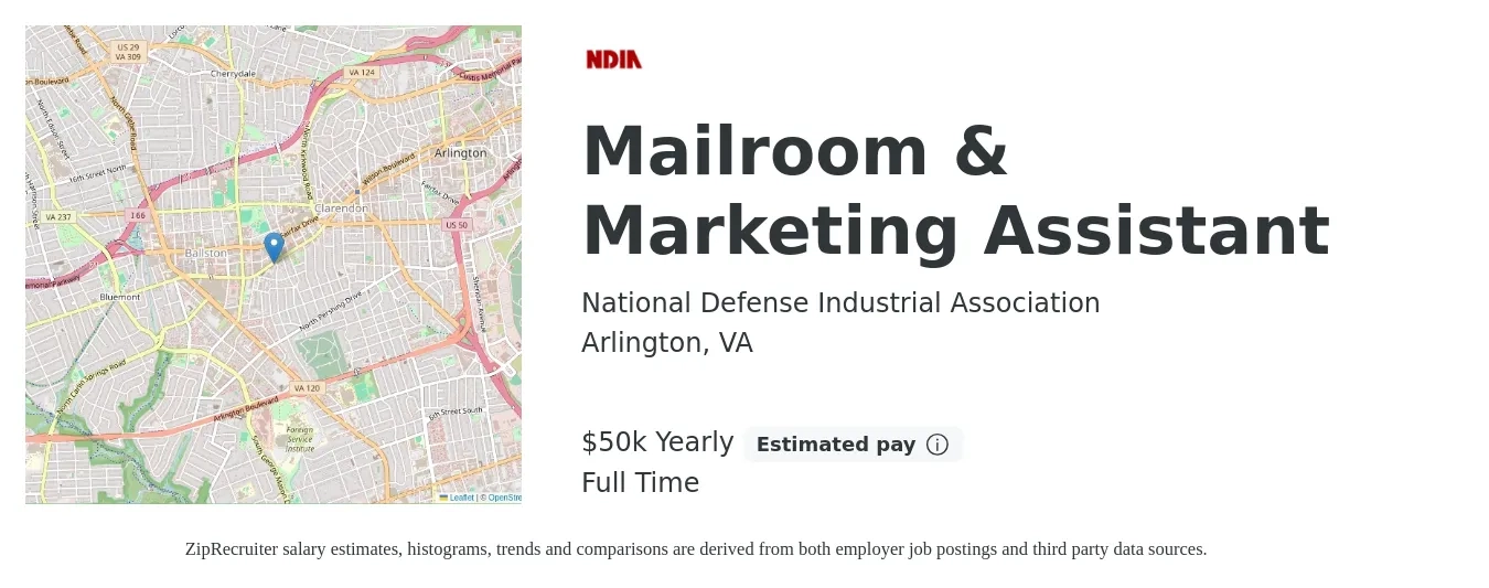 National Defense Industrial Association job posting for a Mailroom & Marketing Assistant in Arlington, VA with a salary of $50,000 Yearly with a map of Arlington location.