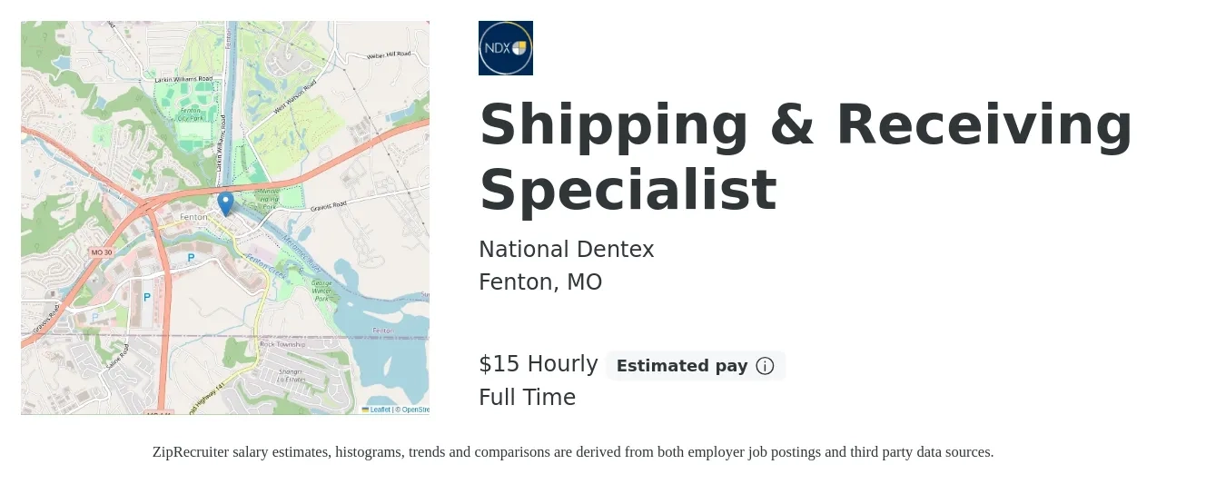 National Dentex job posting for a Shipping & Receiving Specialist in Fenton, MO with a salary of $17 to $20 Hourly with a map of Fenton location.