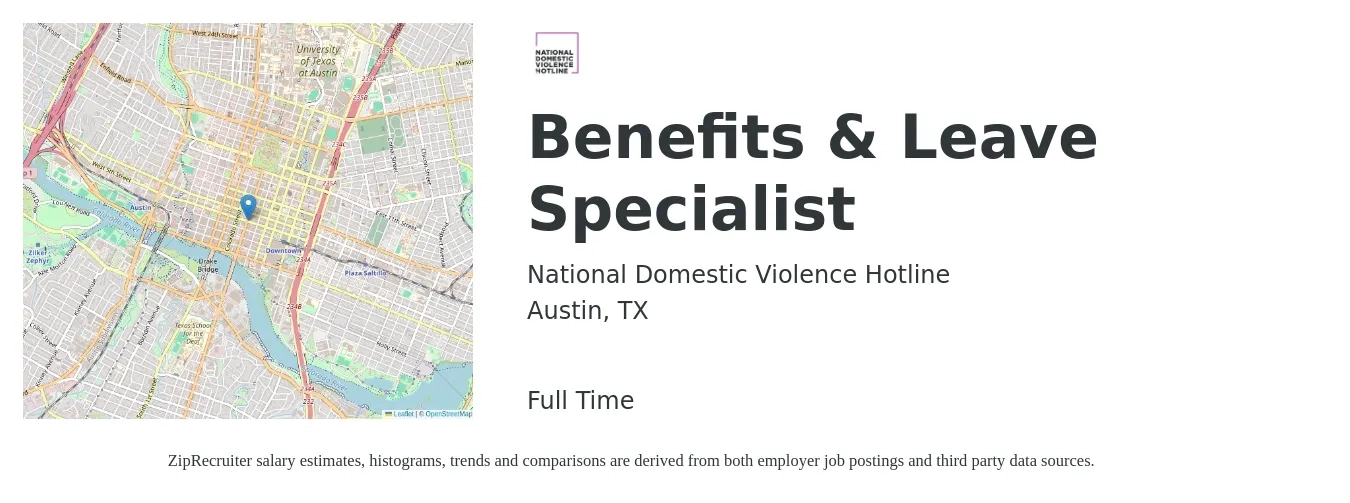 National Domestic Violence Hotline job posting for a Benefits & Leave Specialist in Austin, TX with a salary of $42,100 to $63,400 Yearly with a map of Austin location.