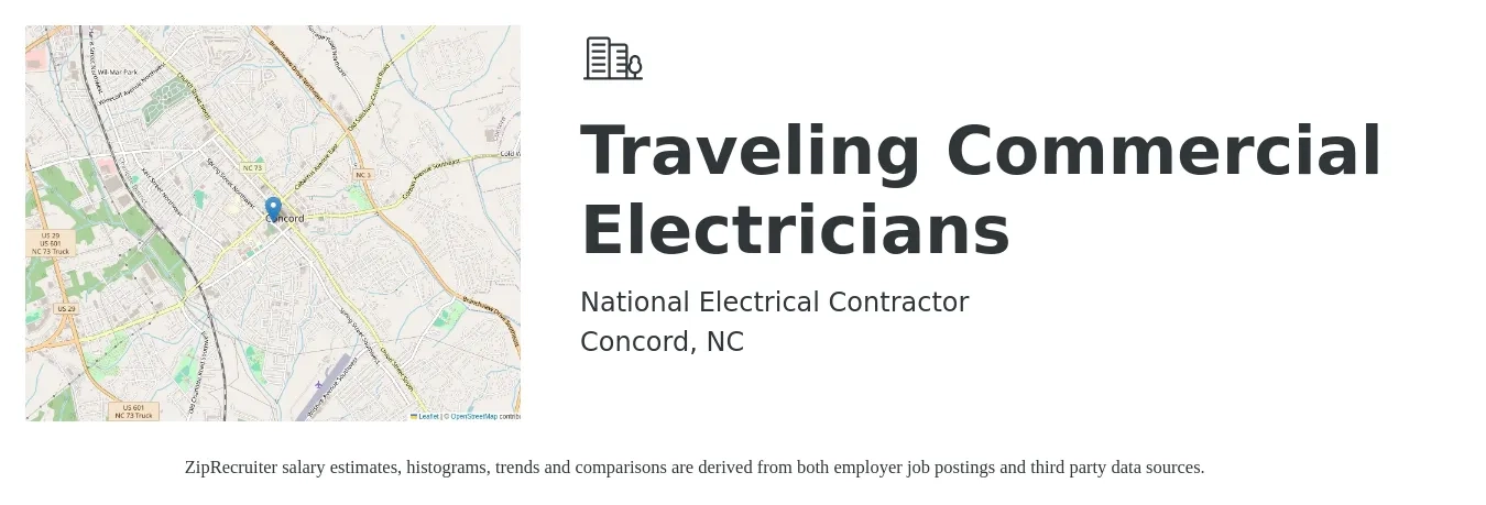 National Electrical Contractor job posting for a Traveling Commercial Electricians in Concord, NC with a salary of $24 to $31 Hourly with a map of Concord location.