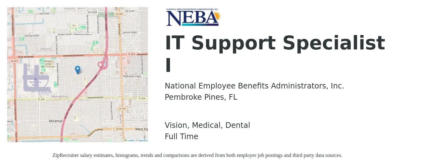 National Employee Benefits Administrators, Inc. job posting for a IT Support Specialist I in Pembroke Pines, FL with a salary of $43,100 to $87,200 Yearly and benefits including dental, life_insurance, medical, pto, and vision with a map of Pembroke Pines location.