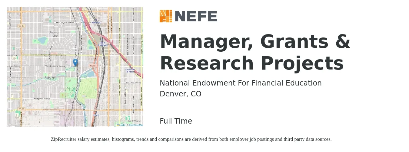 National Endowment For Financial Education job posting for a Manager, Grants & Research Projects in Denver, CO with a salary of $56,840 to $63,530 Yearly with a map of Denver location.