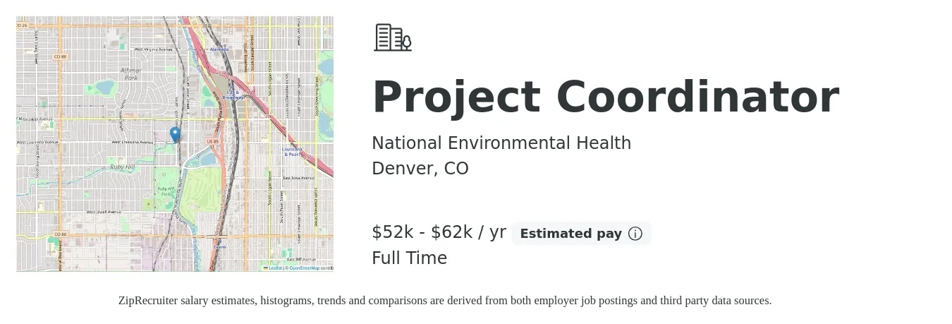 National Environmental Health job posting for a Project Coordinator in Denver, CO with a salary of $52,000 to $62,000 Yearly with a map of Denver location.