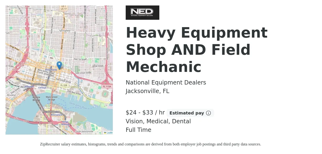National Equipment Dealers job posting for a Heavy Equipment Shop AND Field Mechanic in Jacksonville, FL with a salary of $25 to $35 Hourly and benefits including dental, life_insurance, medical, pto, retirement, and vision with a map of Jacksonville location.