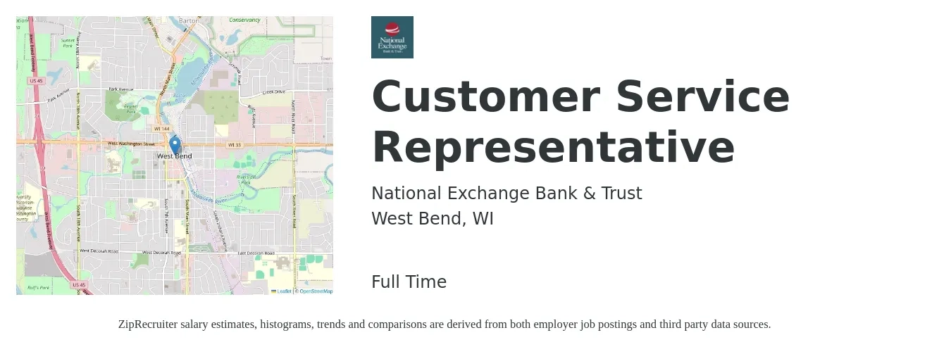 National Exchange Bank & Trust job posting for a Customer Service Representative in West Bend, WI with a salary of $16 to $21 Hourly with a map of West Bend location.